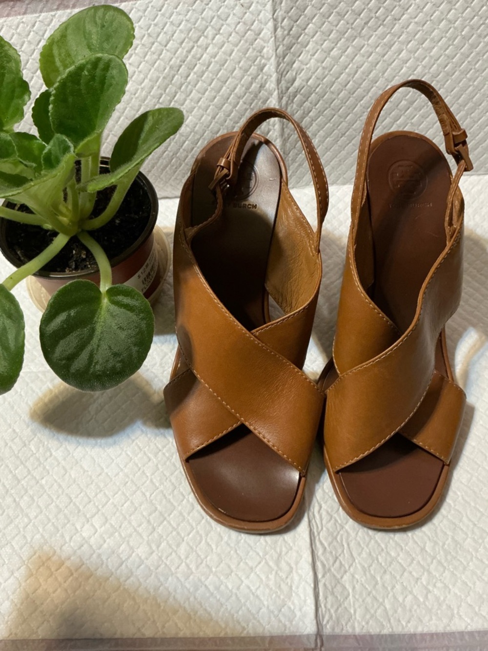 Tory Burch Tan Leather Crisscross Wedge Slingbacks